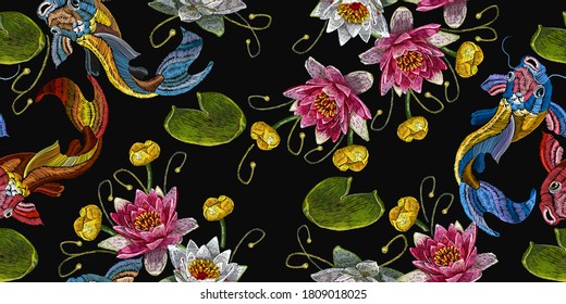 Koi carp, pink and white lotuses and water lilies. Template fashionable clothes. Embroidery fish and water flowers seamless pattern, japanese art 