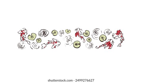 Koi Carp in a pond with Water lilies. Vector illustrarion of japanese Fish with red paint spots. Hand drawn art of underwater animalswith circles and ripple on the water. Minimalism style