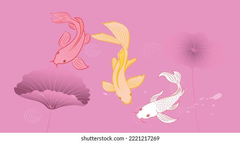 Koi carp posters.Pastel colors. Hand drawn linear painting. Koi Fish Painting.