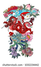 Koi carp with red dragon and peacock tattoo design.peach with peony and plum flower on cloud background.Traditional Japanese tattoo design for back body.