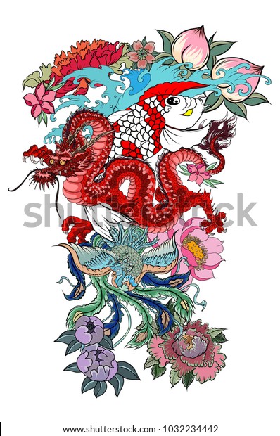 雲の背景に鯉と赤龍と孔雀の入れ墨デザイン 桃と梅の花 日本の伝統的な入れ墨デザイン のベクター画像素材 ロイヤリティフリー