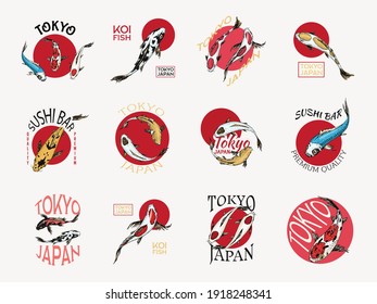 Carpa de Koi y sol rojo, insignias japonesas de pescado. Logo de un animal coreano. Dibujo de líneas dibujadas a mano Dibujo monocromo de tatuajes vintage para afiches o etiquetas.