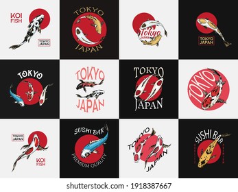 Carpa de Koi y sol rojo, insignias japonesas de pescado. Logo de un animal coreano. Dibujo de líneas dibujadas a mano Dibujo monocromo de tatuajes vintage para afiches o etiquetas.