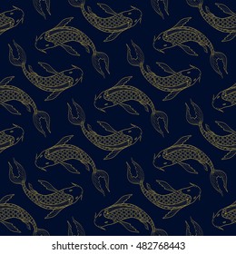 Koi Carp seamless background. Dark blue and gold