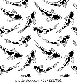 Koi carp seamless pattern. Black and white contour drawing of spotted japanese fish. Line vector illustration. Background with fish.