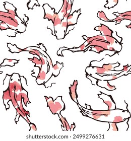 Koi Carp seamless Pattern. Vector illustrarion of japanese Fish with red paint spots. Hand drawn style art of underwater animals in pond. Minimalism style outline print. For man t-shirts