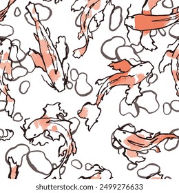 Koi Carp seamless Pattern. Vector illustrarion of japanese Fish with orange paint spots. Hand drawn style art of underwater animals in pond. Minimalism style outline print. For tablecloth and napkins