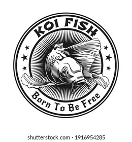 Diseño de estampado de carpa de Koi. Elemento monocromo con pez en la ilustración de vector circular con texto. Lenguaje o concepto animal asiático para símbolos y etiquetas