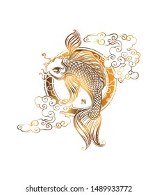 Carpa de Koi y estilizadas olas chinas, nubes y sol - símbolos espirituales asiáticos. Jeroglífico japonés - Koi. Se puede utilizar para tatuajes y bóvedas o para imprimir en interiores. Diseño de pantalones T.