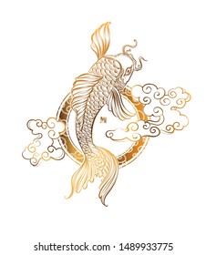 Koi carp and stylized chinese waves, clouds and sun - Asian spiritual symbols. Japanese hieroglyph - Koi. It can be used for tattoo and embossing or print for interior. T-shirt design.