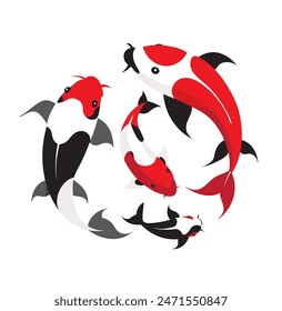 Koi carp swim in water around. Flat line vector illustration.