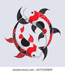 Koi carp swim in water around. Flat line vector illustration.