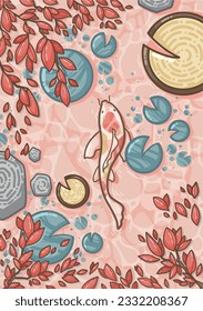 A Koi carp swimming in the a pink lake or pink river with turquoise blue waterlilies, wooden logs and red leaves  - Illustration for kids books, gift card - Kawaii style