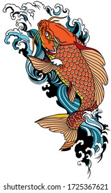 carpa koi nadando río arriba. Pescado dorado japonés con olas de agua. Tatuaje. Ilustración del vector