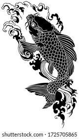 koi carp swimming upstream. Japanese gold fish with water waves. Tattoo . Black and white vector illustration