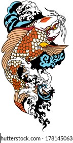 koi carp swimming upstream. Japanese gold fish with water waves. Vector illustration