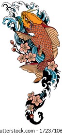 koi carp swimming upstream and sakura blooming. Japanese gold fish with water waves and cherry tree flowers blossom. Tattoo . Vector illustration