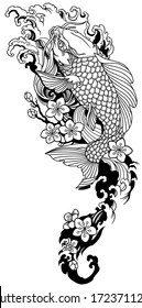 Koi Karpfen schwimmen flussaufwärts und sakura blühen. Japanische Goldfische mit Wasserwellen und Kirschbaumblumen blühen. Tattoo. Schwarz-Weiß-Vektorgrafik