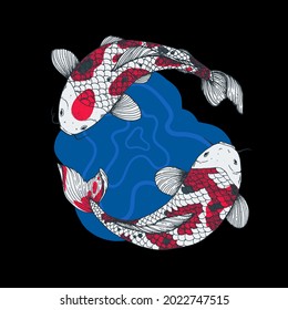 Koi carp swimming. Vector illustration. Tattoo print. Hand drawn illustration for t-shirt print, fabric and other uses.