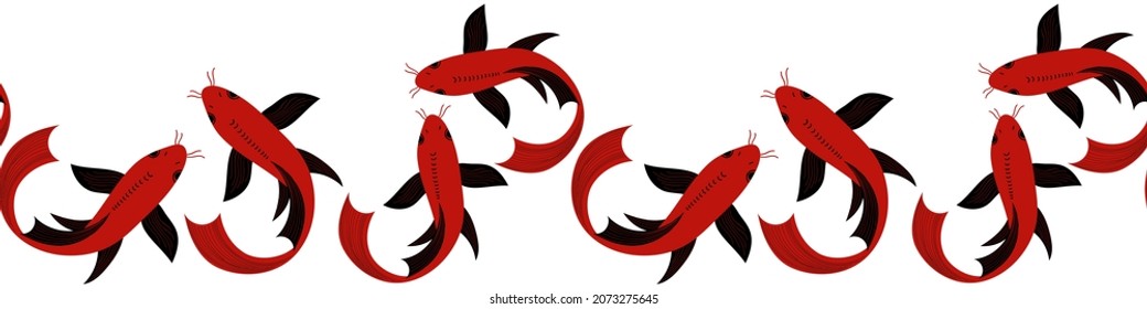 Koi carp, a symbol of wealth and prosperity. Vector seamless border for greeting card, posters, invitations and more on white background.