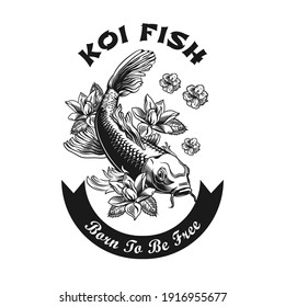 Koi carp tattoo design. Monochrome element with fish and flowers vector illustration with text. Asian wildlife or animal concept for symbols and labels templates