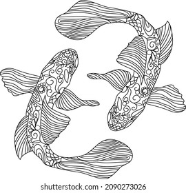 koi carp vector illustration Mandala style, colouring page. Hand drawn outline Koi fish and Japanese tattoo. japanese carp koi gold fish black and white vector illustration. Two koi carps icon