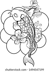 Koi carp vector isolate for tattoo style.Japanese carp drawing.Hand drawn line art of fish.Idea for tattoo and coloring book.Japanese culture symbols tradition.beautiful hand drawn swimming Koi fish.