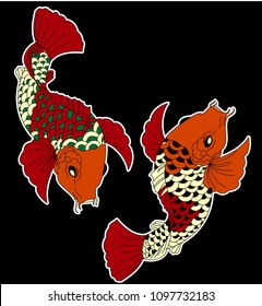 koi carp vector isolate for tattoo.Japanese carp drawing.Hand drawn line art of fish (Koi carp). Vector isolated. Idea for tattoo and coloring books.