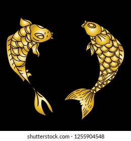 koi carp vector isolate for tattoo.Japanese carp drawing.Hand drawn line art of fish (Koi carp). Vector isolated. Idea for tattoo and coloring books.