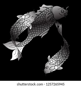 koi carp vector isolate for tattoo.Japanese carp drawing.Hand drawn line art of fish (Koi carp). Vector isolated. Idea for tattoo and coloring books.