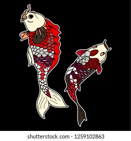 koi carp vector isolate for tattoo.Japanese carp drawing.Hand drawn line art of fish (Koi carp). Vector isolated. Idea for tattoo and coloring books.