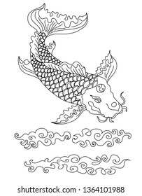 koi carp vector isolate for tattoo.Japanese carp drawing.Hand drawn line art of fish (Koi carp). Vector isolated. Idea for tattoo and coloring books.