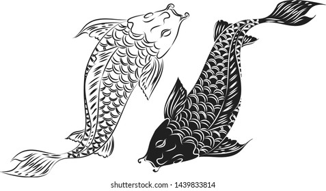 koi carp vector isolate for tattoo.Japanese carp drawing.Hand drawn line art of fish (Koi carp). Vector isolated. Idea for tattoo and coloring books.