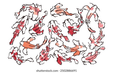 Koi carp vector Set. Collection of silhouettes of Chinese fish with red spots, fins and whiskers on white background. Great diversity of colors and forms of fish. For creating your design