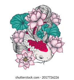 Koi carp with water lilies flowers. Vector illustration. Tattoo print. Hand drawn illustration for t-shirt print, fabric and other uses.