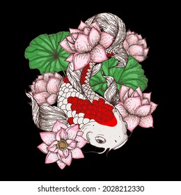 Carpa de Koi con flores de nenúfares. Ilustración vectorial. Tatuaje impreso. Ilustración dibujada a mano para la impresión de camisetas, el tejido y otros usos.