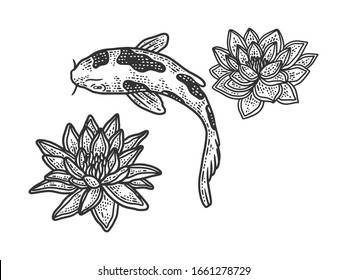 koi carp and water lily sketch engraving vector illustration. T-shirt apparel print design. Scratch board imitation. Black and white hand drawn image.