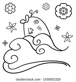 Koi Carp wih flowers. Coloring Page or Book for Kids and Adults