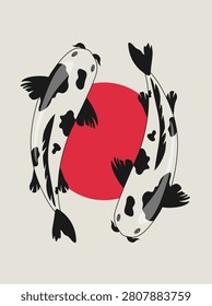 Koi carps abstract contemporary poster. Wall art design. Fish koi cartoon style. Japanese fish. Zen concept. Vector stock