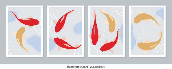 Koi carps fish wall art vector set minimal, Line drawing shape design for print cover and wallpaper.