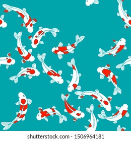 Koi carps in a Japanese pond. Vector seamless japanese fish pattern on turquoise background.