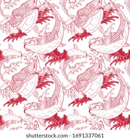 Koi carps Japanese red white seamless pattern