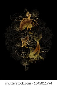 Koi carps and Lotus - Asian spiritual symbols. Goldfish rises in upwards. It can be used for tattoo, embroidery and fancywork or print for interior. Fabric printing.