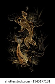 Koi carps and Lotus - Asian spiritual symbols. Goldfish rises in upwards. It can be used for tattoo, embroidery and fancywork or print for interior. Fabric printing. - Vector