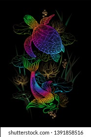 Koi carps, Lotus and sea turtle- Asian spiritual symbols. Multicolored fish rises in upwards. It can be used for tattoo, embroidery and fancywork or print for interior. Fabric printing.