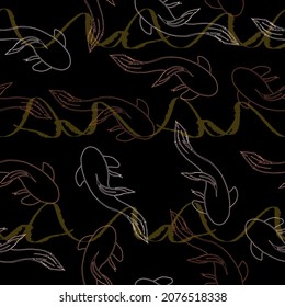 Koi carps, Lotus and sea turtle- Seamless pattern. Koi carp fishes vector illustration, multicolored swimming oriental goldfish set isolated on dark background
