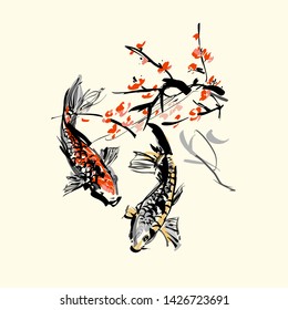 Koi carps and red sacura. The vector illustration of two carps in clear water under sacura tree. - Vector