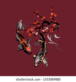 Koi carps and red sacura. The vector illustration of two carps in clear water under sacura tree. - Vector