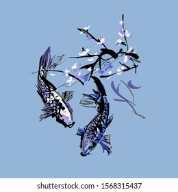 Koi carps and  sacura. The vector illustration of two carps in clear water under sacura tree. - Vector