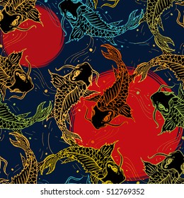 Koi carps seamless pattern, hand drawn art japanese pattern 